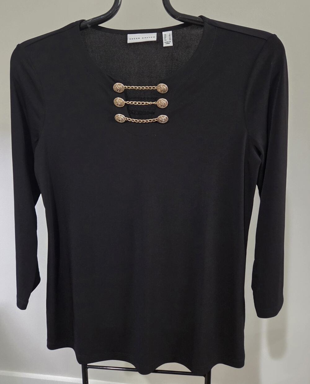 Susan Graver Chain Detail Liquid Knit 3/4 Sleeve Small Black A696200 NWOT